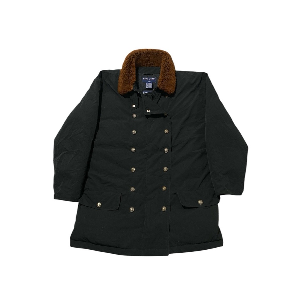 Vtg Ralph Lauren Polo Sport Military Down Jacket Womens Large Lamb Collar Blk